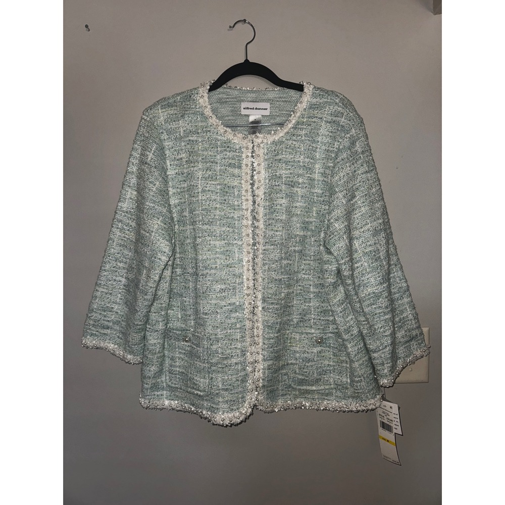 Alfred Dunner Magnolia Springs Green Tweed Pearl Trim Cardigan Jacket NWT Size M